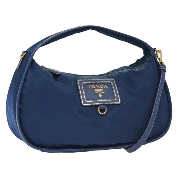 PRADA Hand Bag Nylon 2way Blue Gold Auth 138847 - Picture 1 of 16